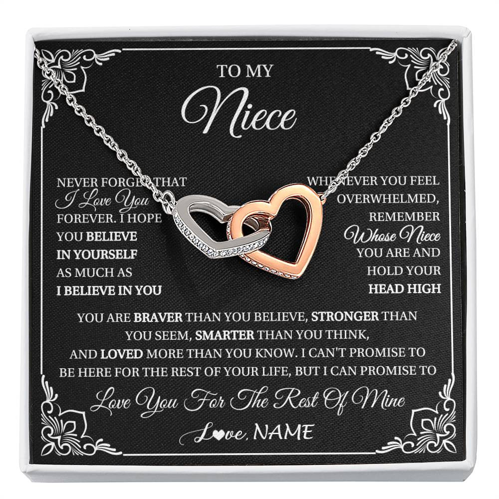 Interlocking Hearts Necklace Stainless Steel & Rose Gold Finish | 1 | Personalized To My Niece Gift From Aunt Uncle Necklace I Love You Believe In You Niece Birthday Gifts Graduation Christmas Customized Gift Box Message Card | siriusteestore