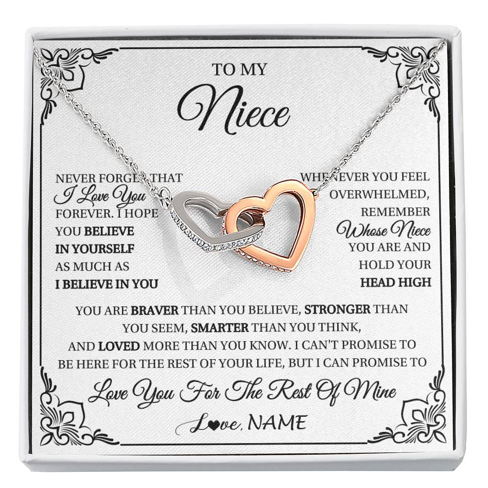 Interlocking Hearts Necklace Stainless Steel & Rose Gold Finish | 1 | Personalized To My Niece Gift Necklace From Aunt Uncle I Love You Believe In You Niece Birthday Gifts Graduation Christmas Customized Gift Box Message Card | siriusteestore