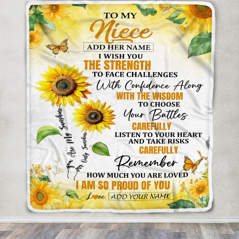 Personalized To My Niece Gifts Blanket From Aunt Uncle Auntie I Wish You The Strength Sunflower Niece Birthday Gifts Christmas Custom Fleece Throw Blanket | siriusteestore
