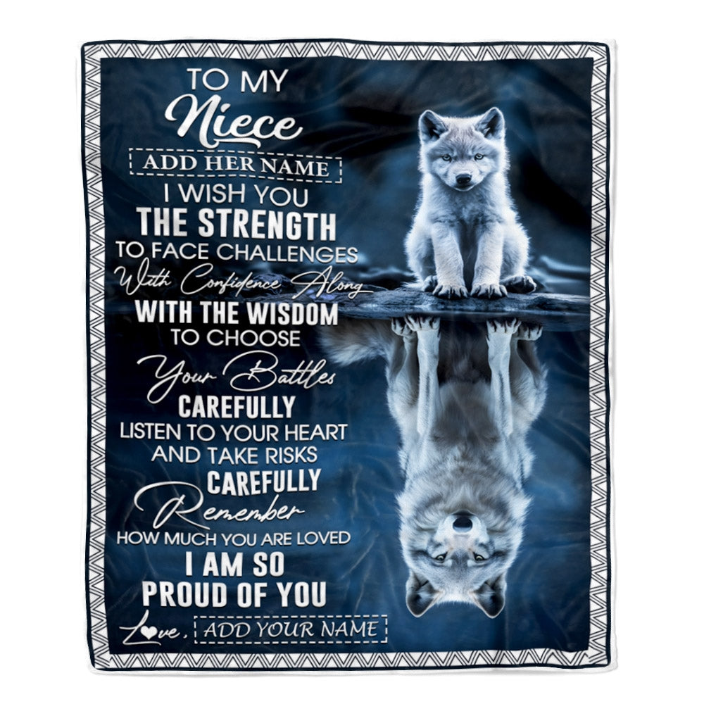 Personalized To My Niece Gifts Blanket From Aunt Uncle Auntie I Wish You The Strength Wolf Niece Birthday Gifts Christmas Graduation Custom Fleece Blanket | siriusteestore