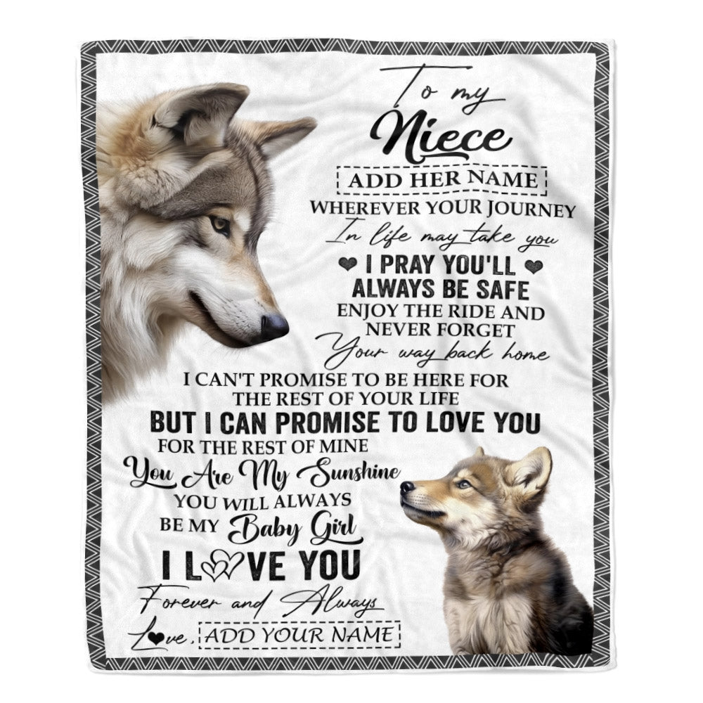 Personalized To My Niece Gifts Blanket From Aunt Uncle Auntie Wherever Your Journey In Life Wolf Niece Birthday Gifts Warm Customized Fleece Throw Blanket | siriusteestore