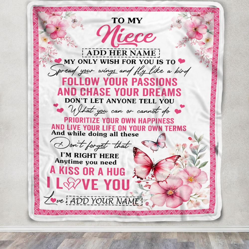 Personalized To My Niece Gifts Blanket From Aunt Uncle Butterfly My Only Wish For You Niece Birthday Gifts Graduation Christmas Customized Fleece Throw Blanket | siriusteestore