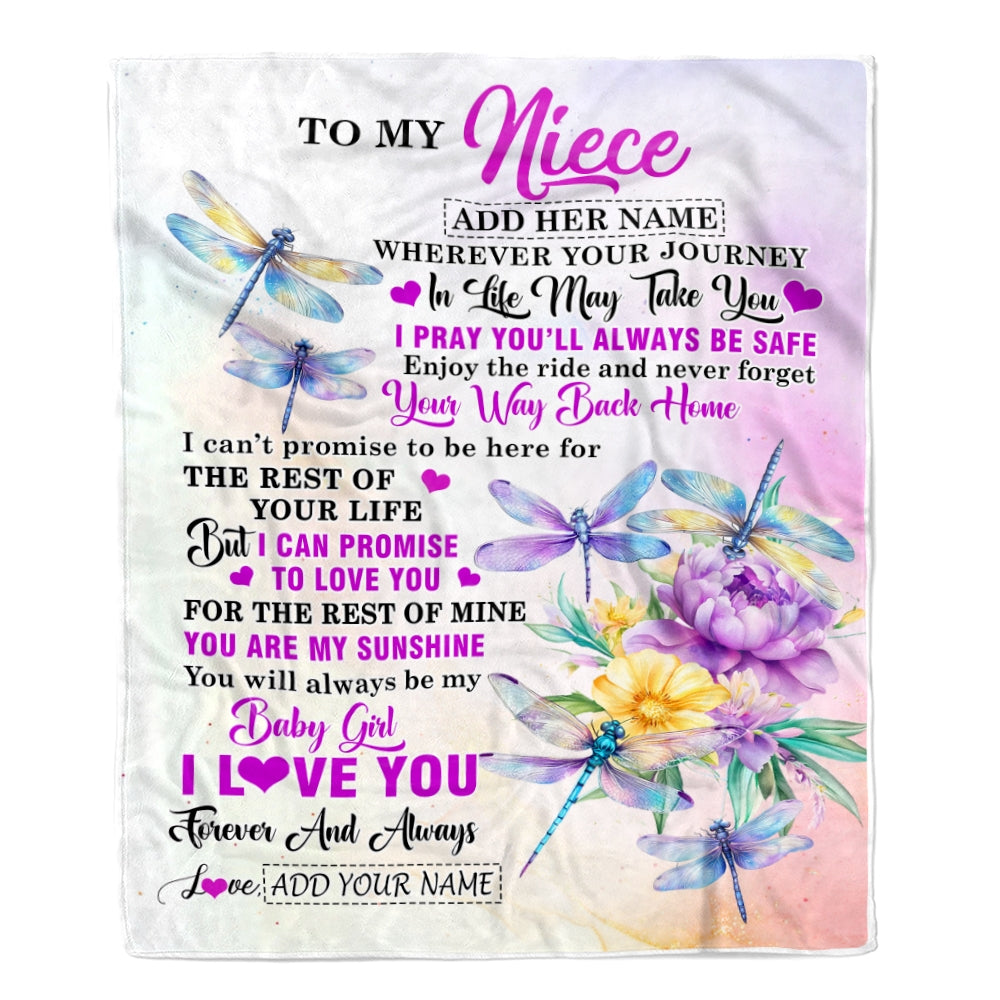 Personalized To My Niece Gifts Blanket From Aunt Uncle Wherever Your Journey In Life Dragonfly Niece Birthday Gifts Warm Customized Fleece Throw Blanket | siriusteestore