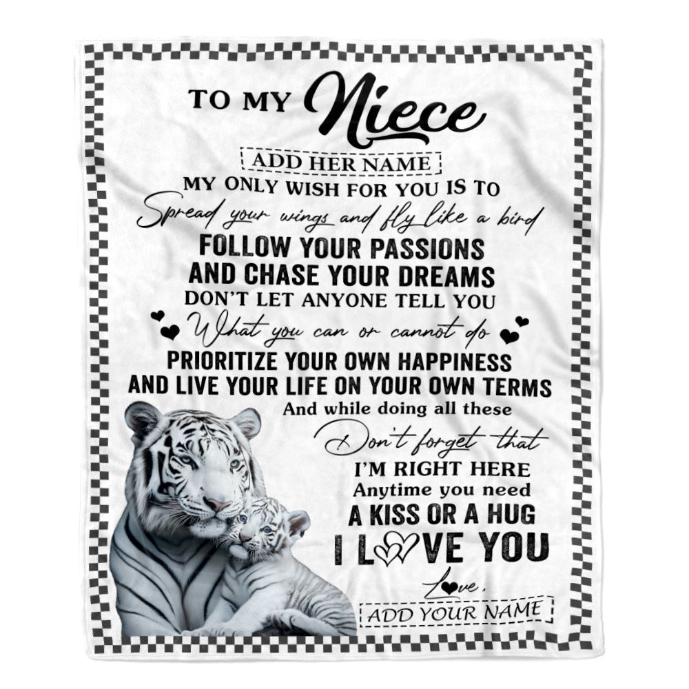 Personalized To My Niece Gifts Blanket From Aunt Uncle White Tiger My Only Wish For You Niece Birthday Gifts Graduation Christmas Customized Fleece Blanket | siriusteestore