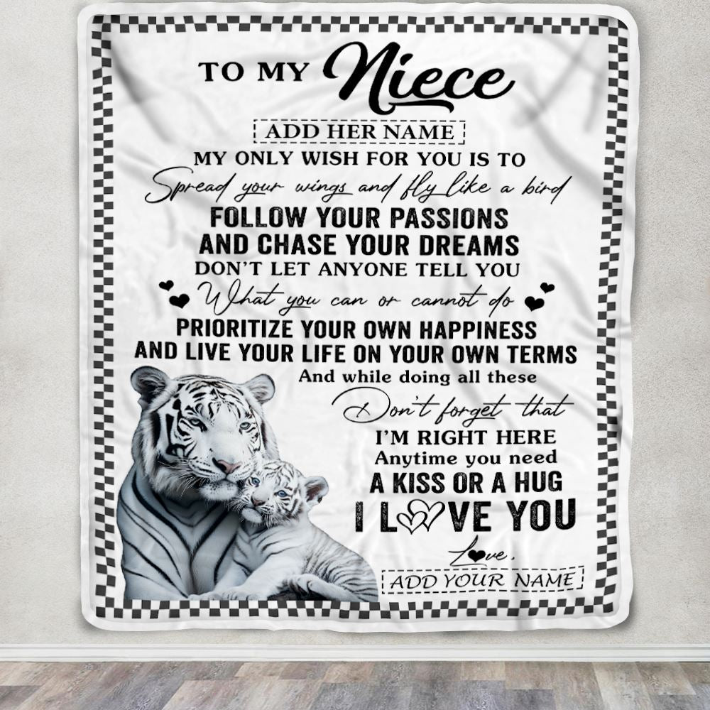 Personalized To My Niece Gifts Blanket From Aunt Uncle White Tiger My Only Wish For You Niece Birthday Gifts Graduation Christmas Customized Fleece Blanket | siriusteestore