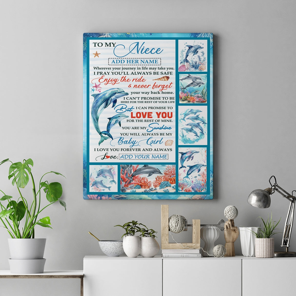 Personalized To My Niece Gifts Canvas Dolphin From Aunt Uncle My Sunshine Baby Girl Niece Birthday Gift Christmas Graduation Custom Wall Art Framed Canvas | siriusteestore