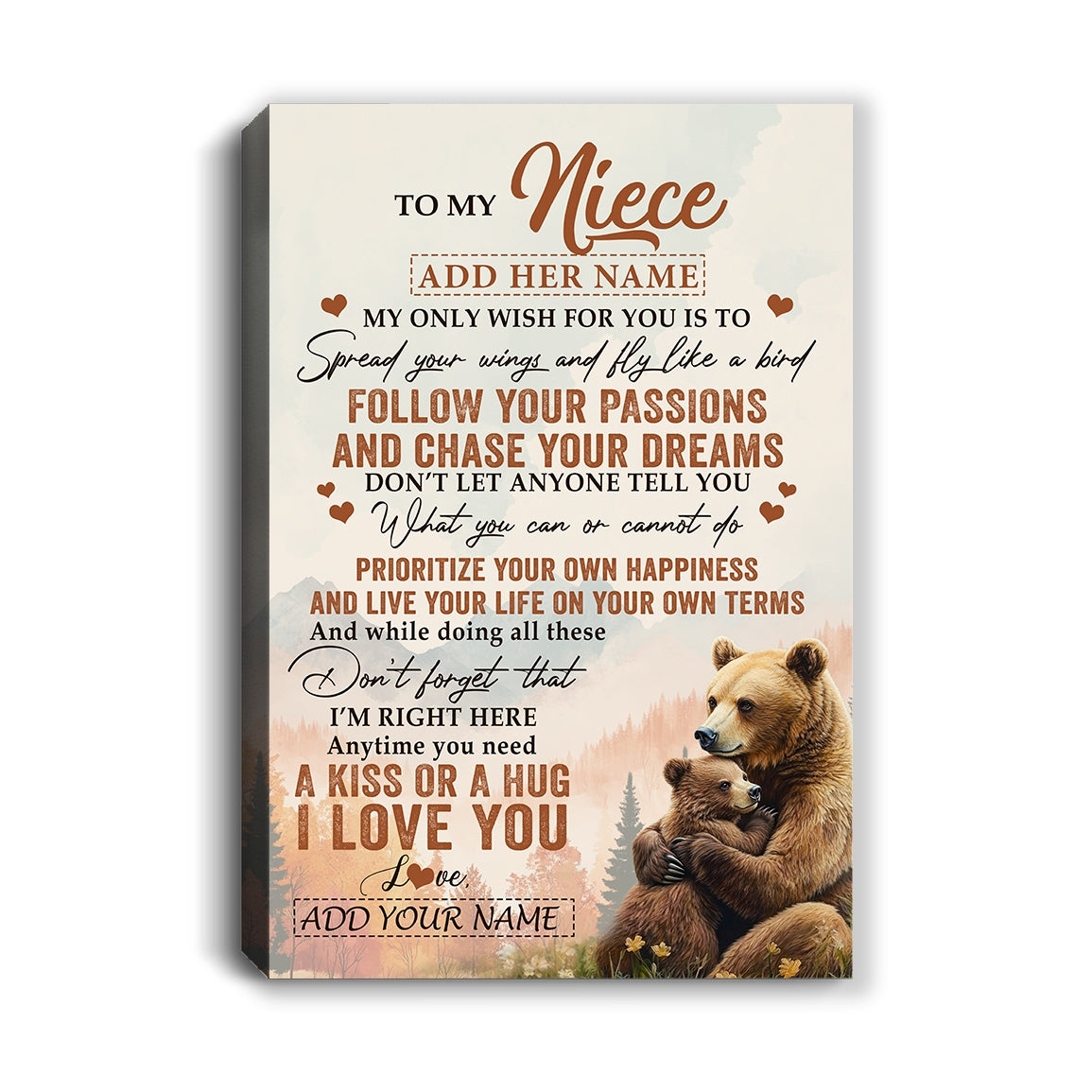 Personalized To My Niece Gifts Canvas From Aunt Uncle Bear My Only Wish For You Niece Birthday Gifts Graduation Christmas Custom Wall Art Print Framed Canvas | siriusteestore