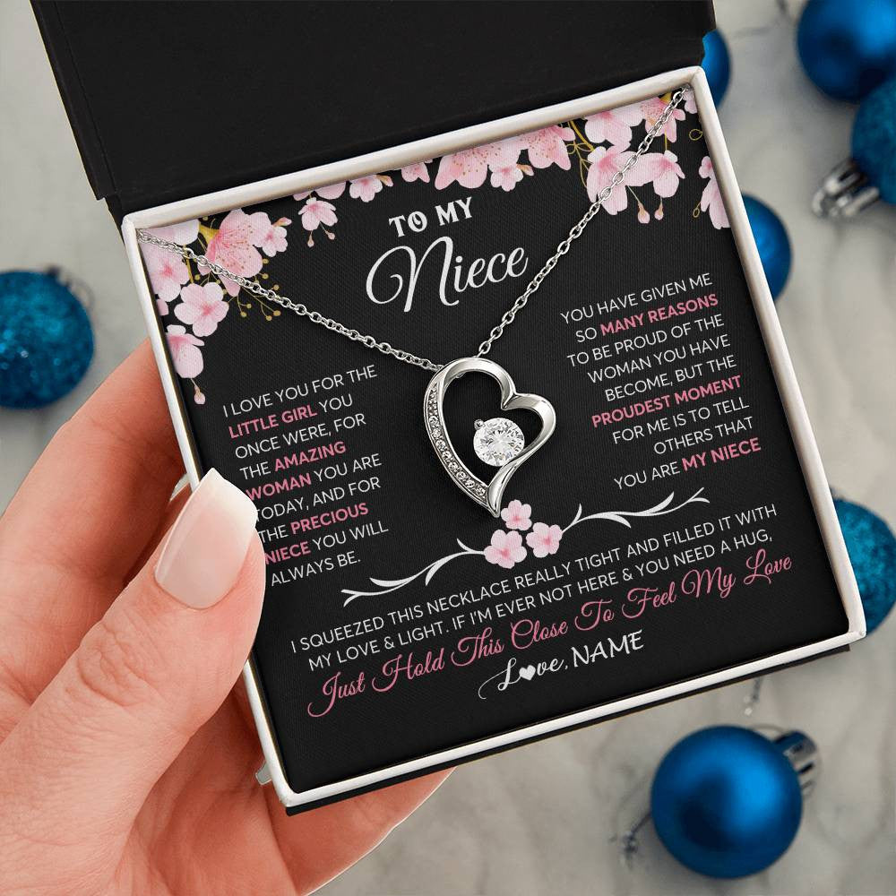 Forever Love Necklace 14K White Gold Finish | 2 | Personalized To My Niece Gifts Ecklace From Aunt Uncle Love Precious Niece Jewelry Birthday Graduation Christmas Customized Gift Box Message Card | siriusteestore
