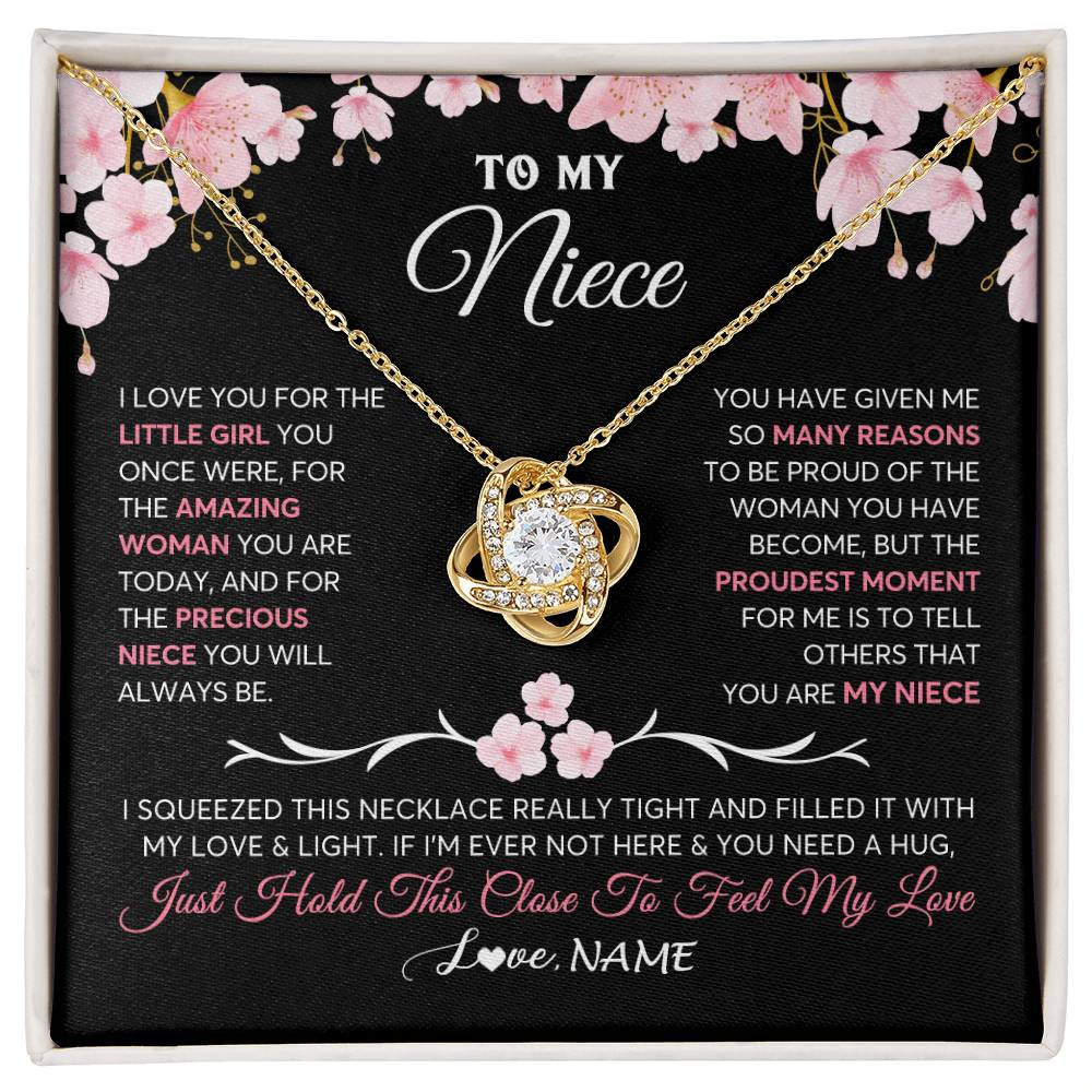 Love Knot Necklace 18K Yellow Gold Finish | 1 | Personalized To My Niece Gifts Ecklace From Aunt Uncle Love Precious Niece Jewelry Birthday Graduation Christmas Customized Gift Box Message Card | siriusteestore