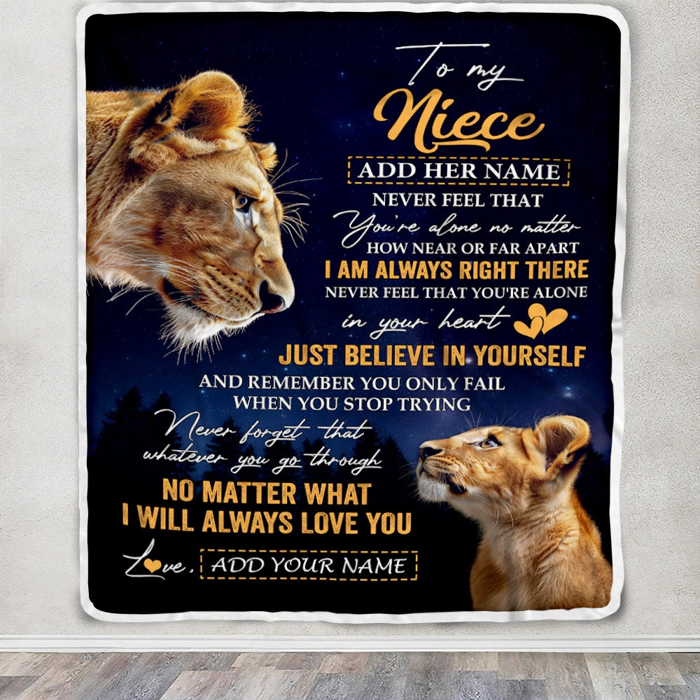 Personalized To My Niece Gifts From Aunt Auntie Blanket Lion Never Feel Alone Birthday Gifts Niece Graduation Valentines Christmas Custom Fleece Throw Blanket | siriusteestore