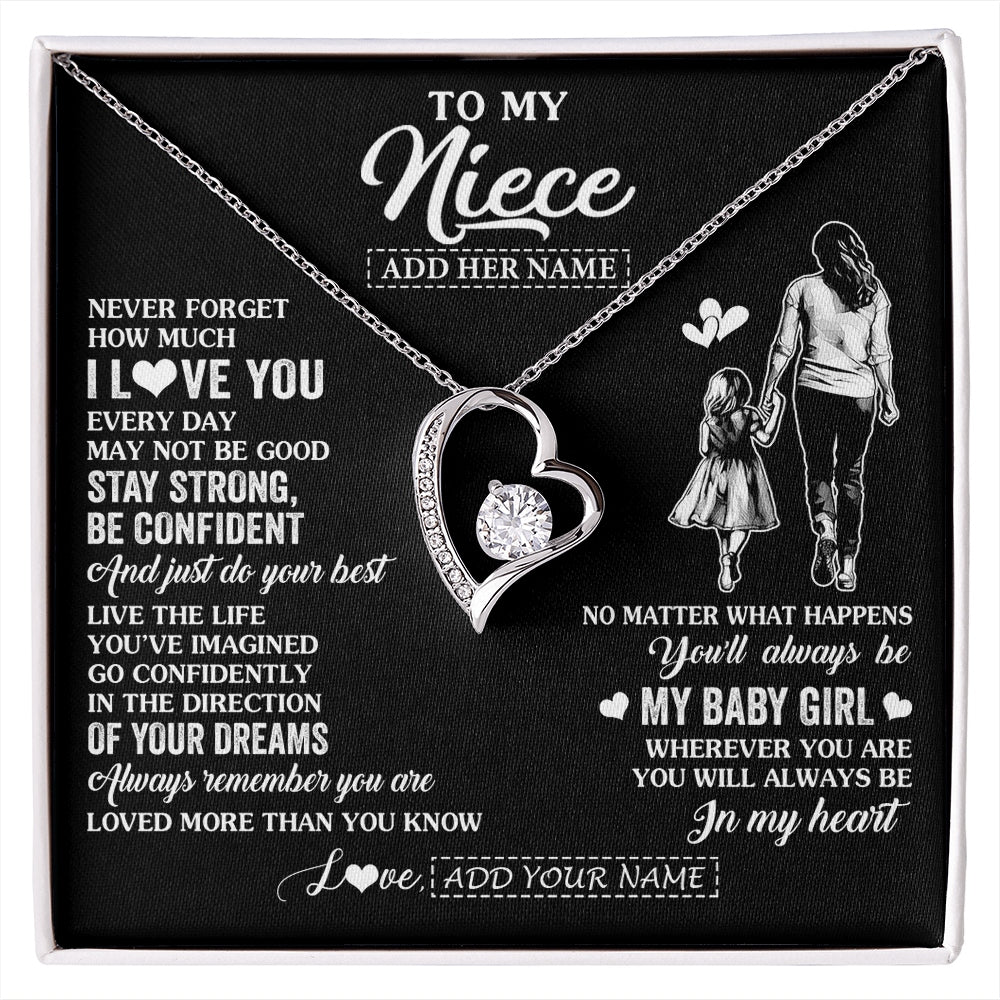 Forever Love Necklace 14K White Gold Finish | 1 | Personalized To My Niece Gifts From Aunt Auntie Necklace Never Forget How Much I Love You Niece Birthday Graduation Christmas Custom Gift Box Message Card | https://siriusteestore.