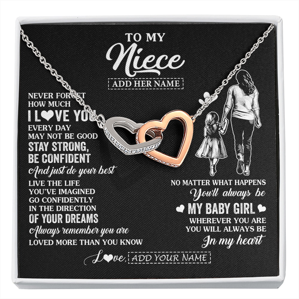 Interlocking Hearts Necklace Stainless Steel & Rose Gold Finish | 1 | Personalized To My Niece Gifts From Aunt Auntie Necklace Never Forget How Much I Love You Niece Birthday Graduation Christmas Custom Gift Box Message Card | https://siriusteestore.