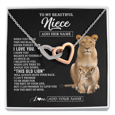 Interlocking Hearts Necklace Stainless Steel & Rose Gold Finish | 1 | Personalized To My Niece Gifts From Aunt Auntie Necklace This Old Lion Love You Niece Birthday Gifts Graduation Christmas Jewelry Custom Gift Box Message Card | https://siriusteestore.
