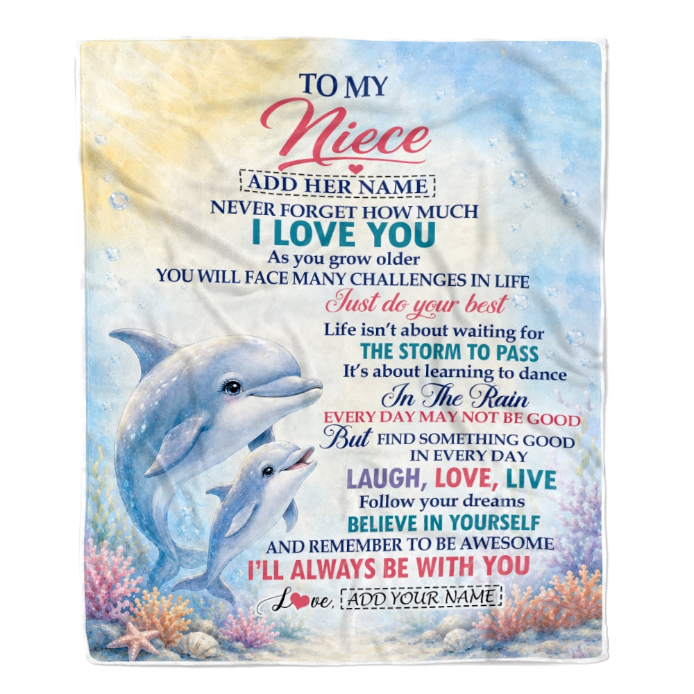 Personalized To My Niece Gifts From Aunt Auntie Uncle Blanket Dolphin Ocean Love Message Birthday Christmas Gift For Niece Women Custom Fleece Throw Blanket | siriusteestore