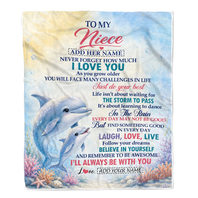 Personalized To My Niece Gifts From Aunt Auntie Uncle Blanket Dolphin Ocean Love Message Birthday Christmas Gift For Niece Women Custom Fleece Throw Blanket | siriusteestore