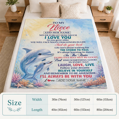 Personalized To My Niece Gifts From Aunt Auntie Uncle Blanket Dolphin Ocean Love Message Birthday Christmas Gift For Niece Women Custom Fleece Throw Blanket | siriusteestore