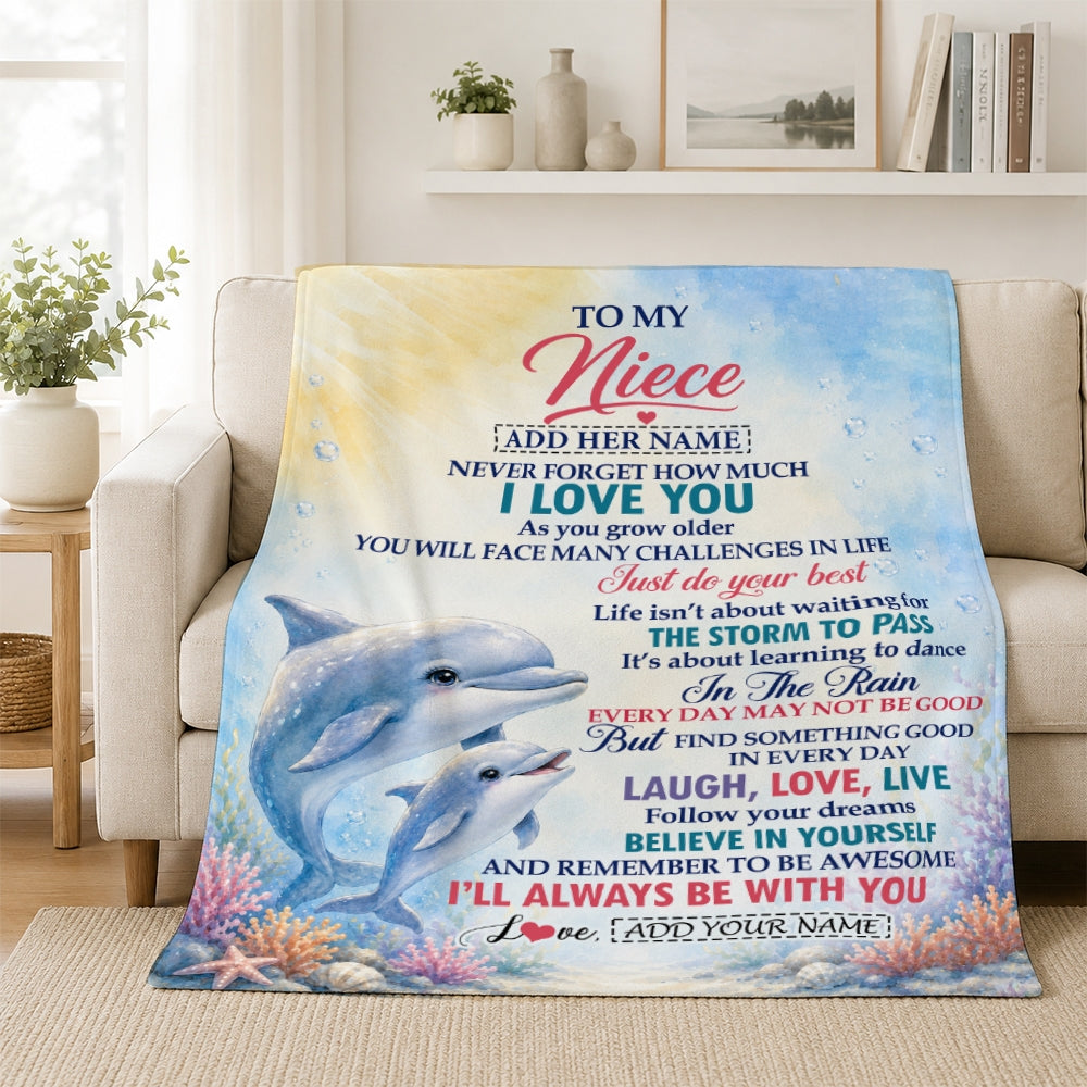 Personalized To My Niece Gifts From Aunt Auntie Uncle Blanket Dolphin Ocean Love Message Birthday Christmas Gift For Niece Women Custom Fleece Throw Blanket | siriusteestore