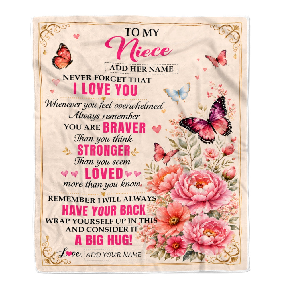Personalized To My Niece Gifts From Aunt Uncle Auntie Blanket Pink Butterfly I Love You Birthday Gift For Niece Christmas Custom Fleece Throw Blanket | siriusteestore
