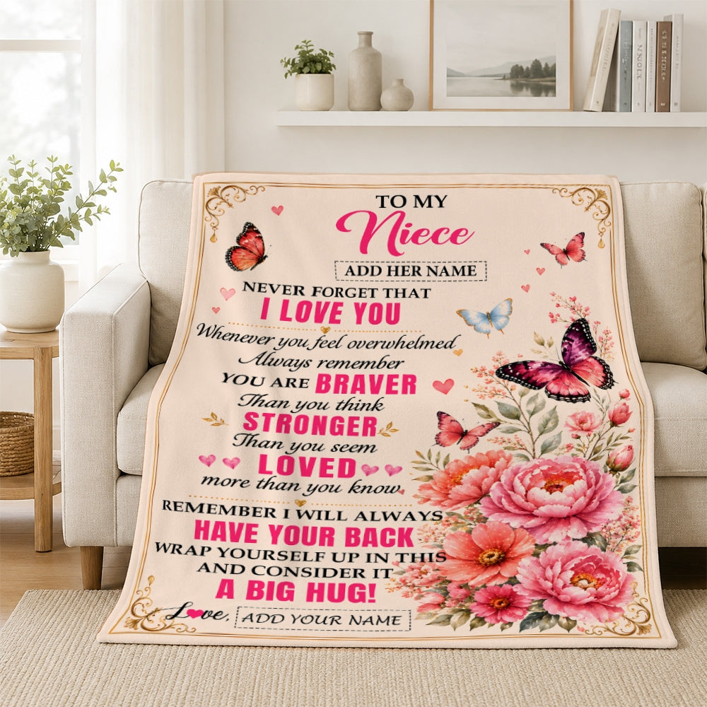 Personalized To My Niece Gifts From Aunt Uncle Auntie Blanket Pink Butterfly I Love You Birthday Gift For Niece Christmas Custom Fleece Throw Blanket | siriusteestore