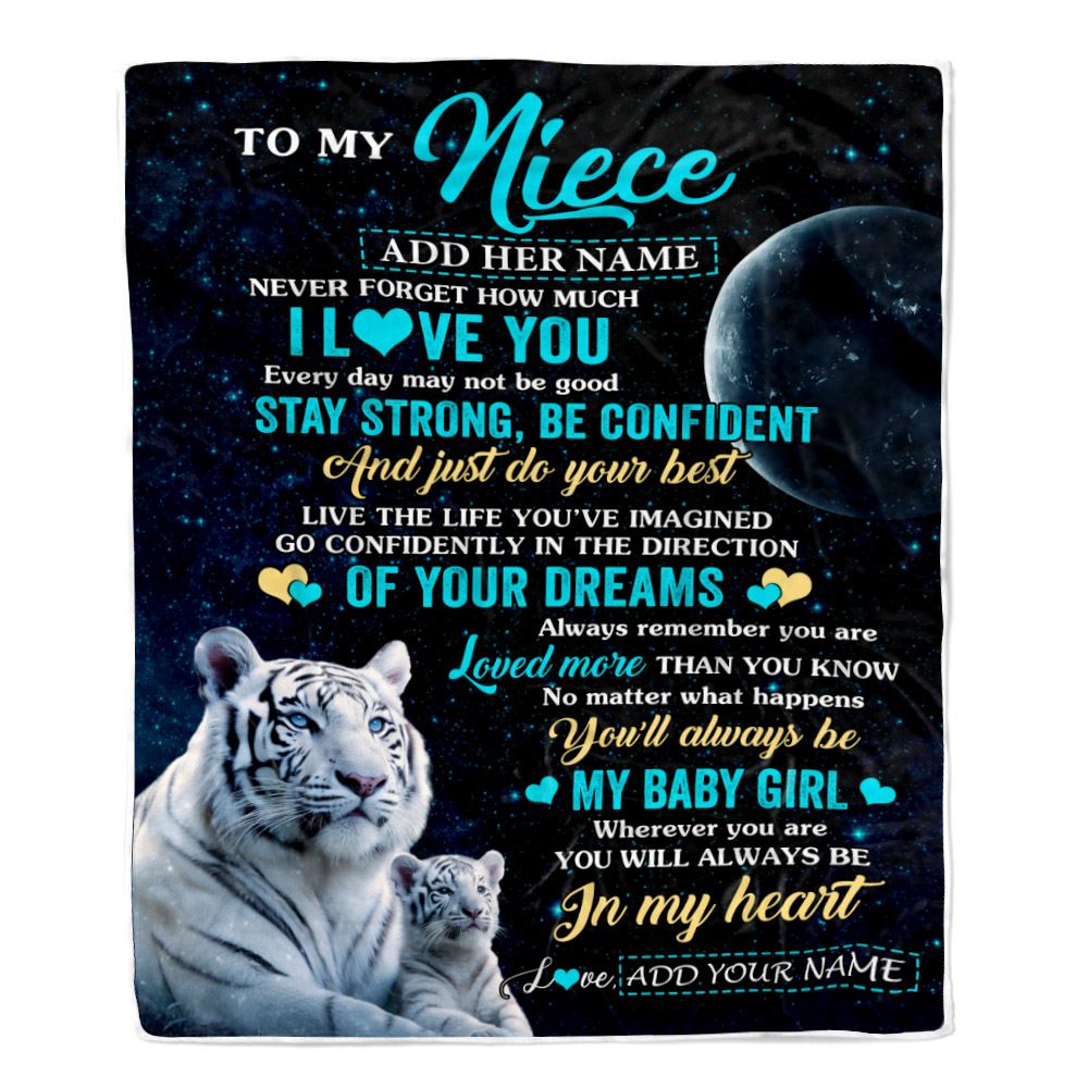 Personalized To My Niece Gifts From Aunt Uncle Auntie Blanket White Tiger Never Forget How Much I Love You Niece Birthday Christmas Customized Fleece Blanket | siriusteestore