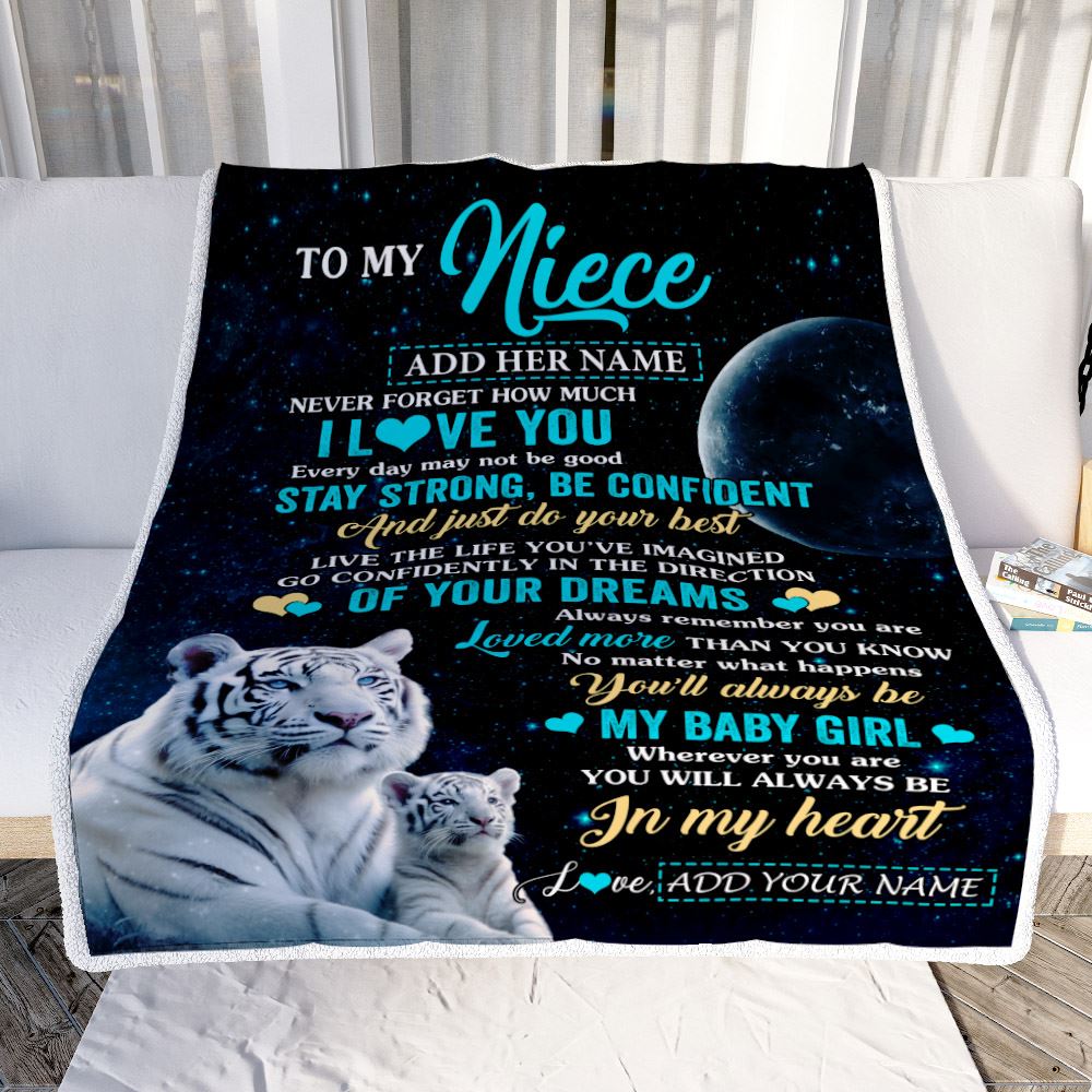 Personalized To My Niece Gifts From Aunt Uncle Auntie Blanket White Tiger Never Forget How Much I Love You Niece Birthday Christmas Customized Fleece Blanket | siriusteestore