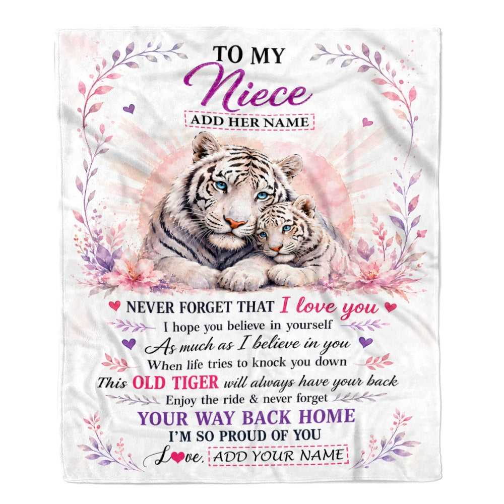 Personalized To My Niece Gifts From Aunt Uncle Auntie Blanket White Tiger This Old Tiger Birthday Christmas Gift For Niece Custom Fleece Throw Blanket | siriusteestore
