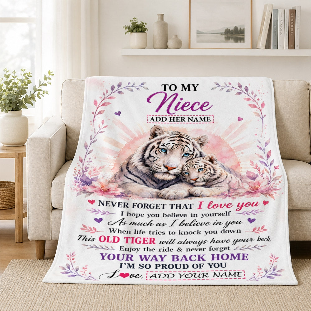 Personalized To My Niece Gifts From Aunt Uncle Auntie Blanket White Tiger This Old Tiger Birthday Christmas Gift For Niece Custom Fleece Throw Blanket | siriusteestore