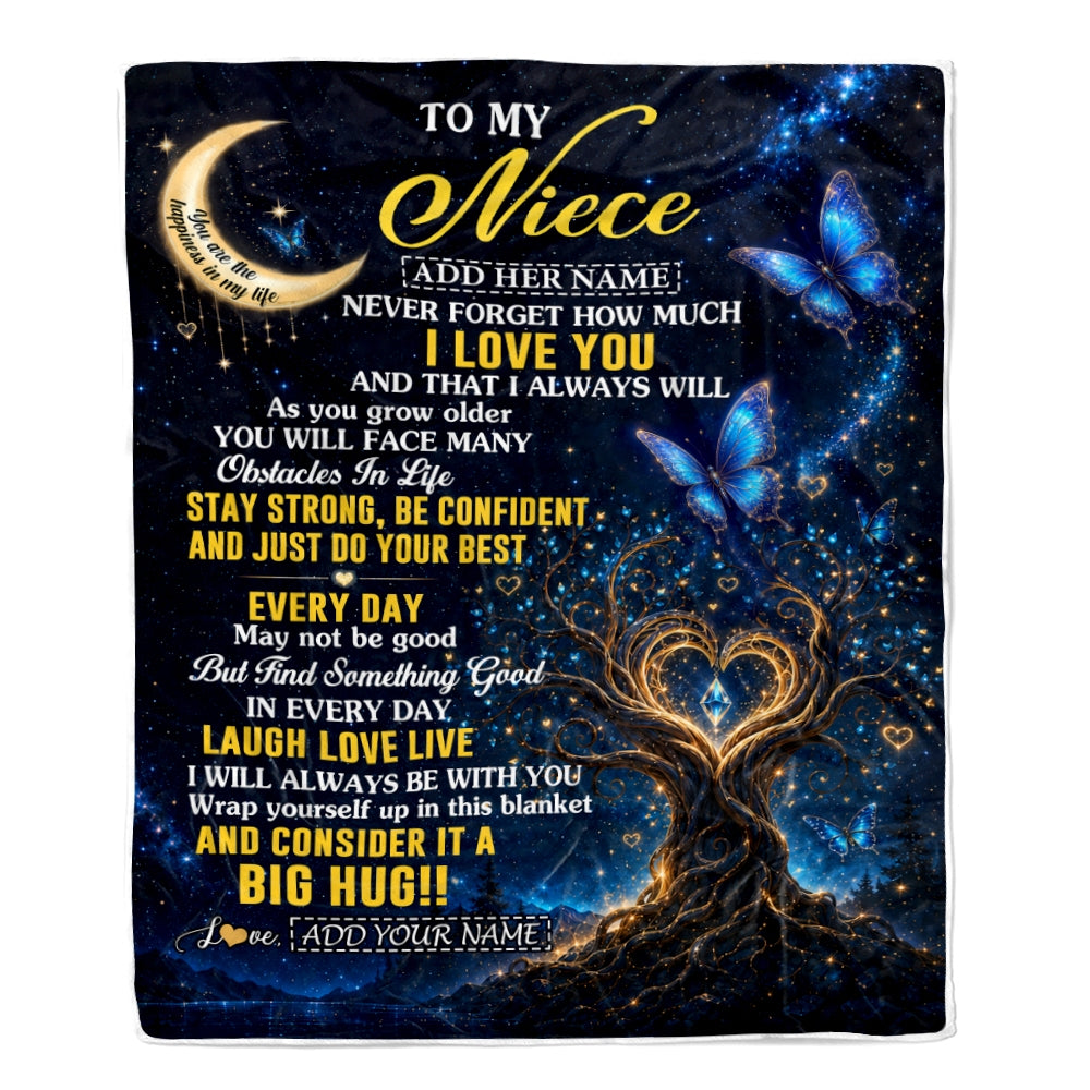Personalized To My Niece Gifts From Aunt Uncle Blanket Blue Galaxy Butterfly Moon Birthday Gifts For Niece Graduation Christmas Custom Fleece Throw Blanket | siriusteestore