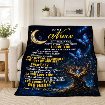 Personalized To My Niece Gifts From Aunt Uncle Blanket Blue Galaxy Butterfly Moon Birthday Gifts For Niece Graduation Christmas Custom Fleece Throw Blanket | siriusteestore