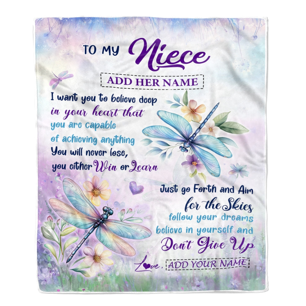 Personalized To My Niece Gifts From Aunt Uncle Blanket Don't Give Up Dragonfly Gifts For Niece Birthday Graduation Christmas Customized Fleece Throw Blanket | siriusteestore