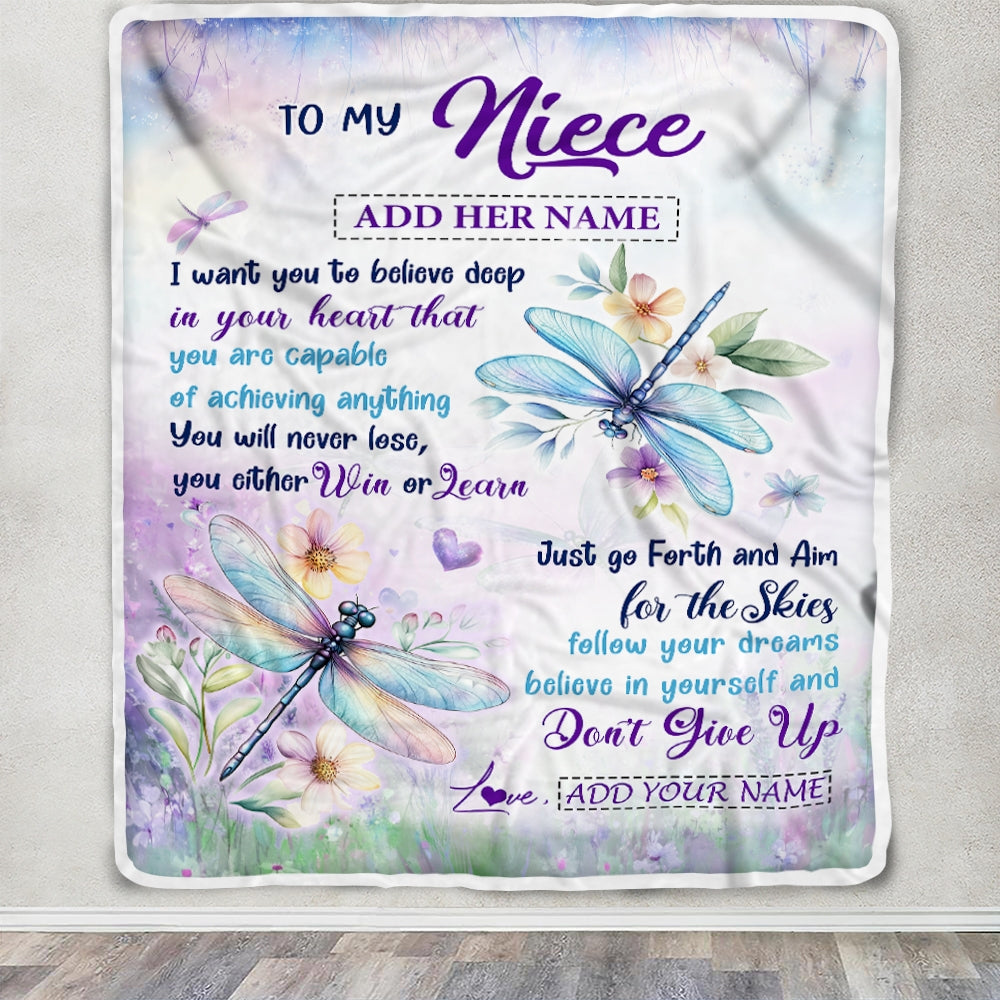 Personalized To My Niece Gifts From Aunt Uncle Blanket Don't Give Up Dragonfly Gifts For Niece Birthday Graduation Christmas Customized Fleece Throw Blanket | siriusteestore