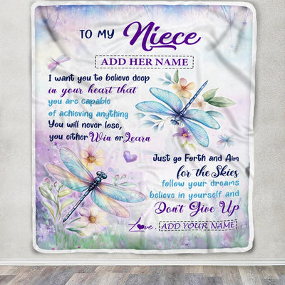 Personalized To My Niece Gifts From Aunt Uncle Blanket Don't Give Up Dragonfly Gifts For Niece Birthday Graduation Christmas Customized Fleece Throw Blanket | siriusteestore