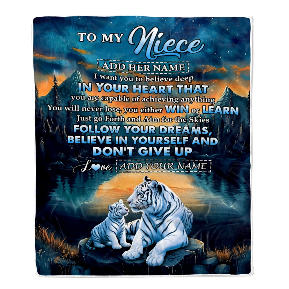 Personalized To My Niece Gifts From Aunt Uncle Blanket Don't Give Up White Tiger Gifts For Niece Birthday Graduation Christmas Customized Fleece Throw Blanket | siriusteestore