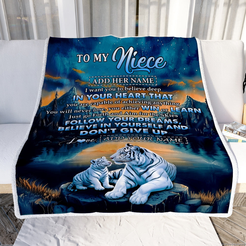 Personalized To My Niece Gifts From Aunt Uncle Blanket Don't Give Up White Tiger Gifts For Niece Birthday Graduation Christmas Customized Fleece Throw Blanket | siriusteestore