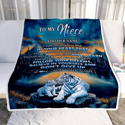 Personalized To My Niece Gifts From Aunt Uncle Blanket Don't Give Up White Tiger Gifts For Niece Birthday Graduation Christmas Customized Fleece Throw Blanket | siriusteestore