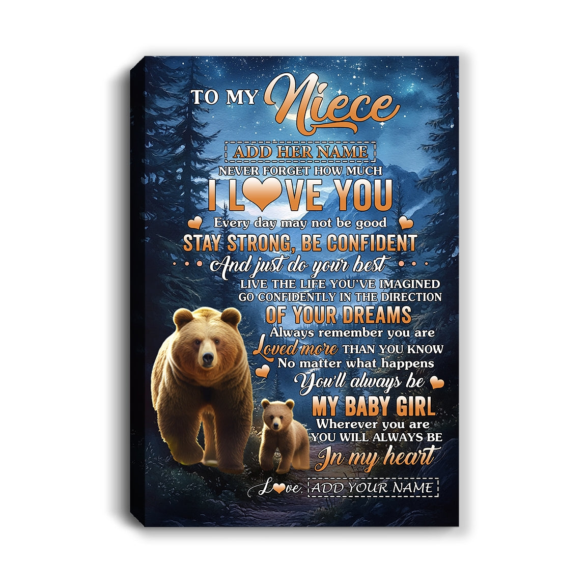 Personalized To My Niece Gifts From Aunt Uncle Canvas Bear Never Forget How Much I Love You Niece Birthday Gifts Graduation Christmas Custom Print Framed Canvas | siriusteestore