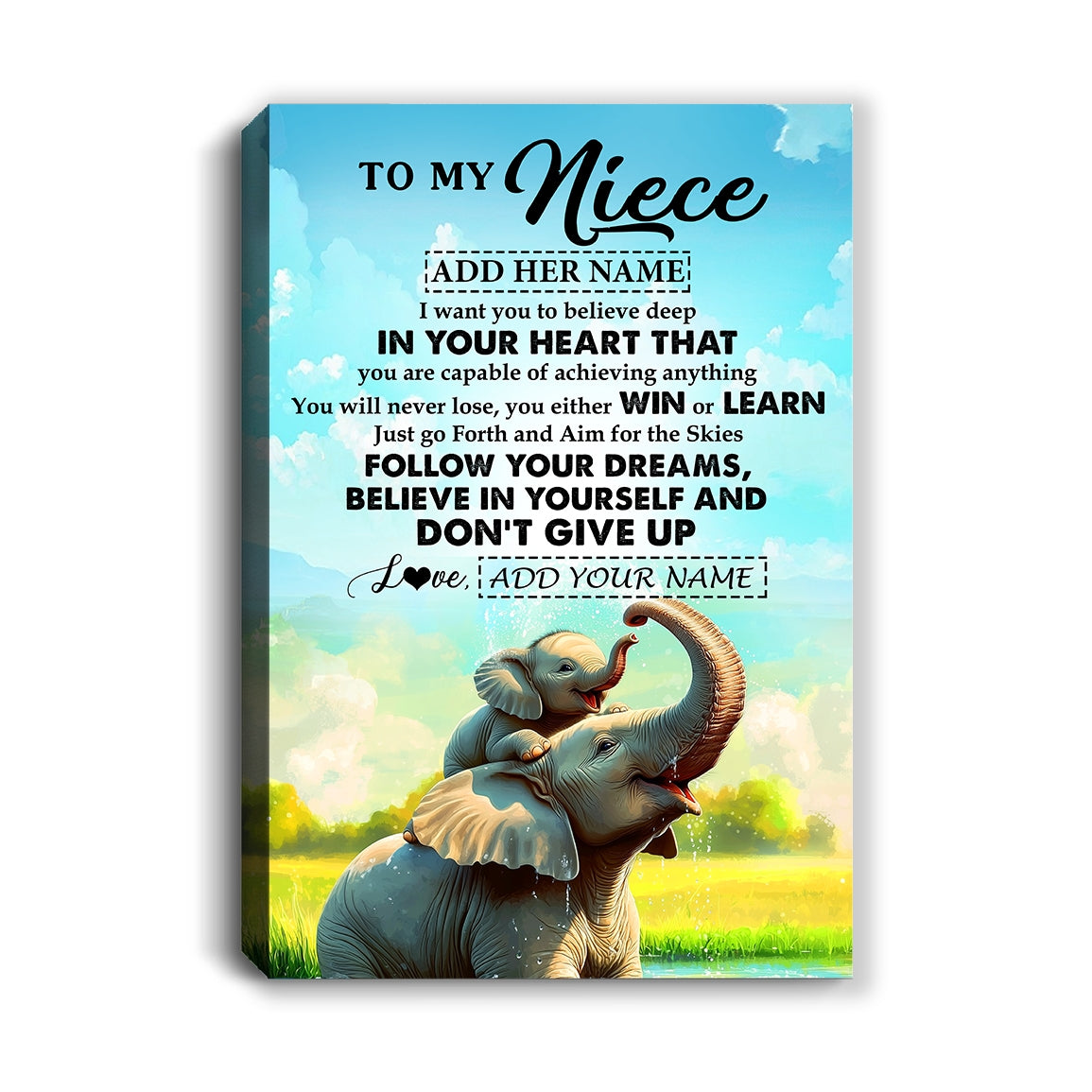 Personalized To My Niece Gifts From Aunt Uncle Canvas Don't Give Up Elephant Gifts For Niece Birthday Gifts Graduation Christmas Custom Wall Art Framed Canvas | siriusteestore