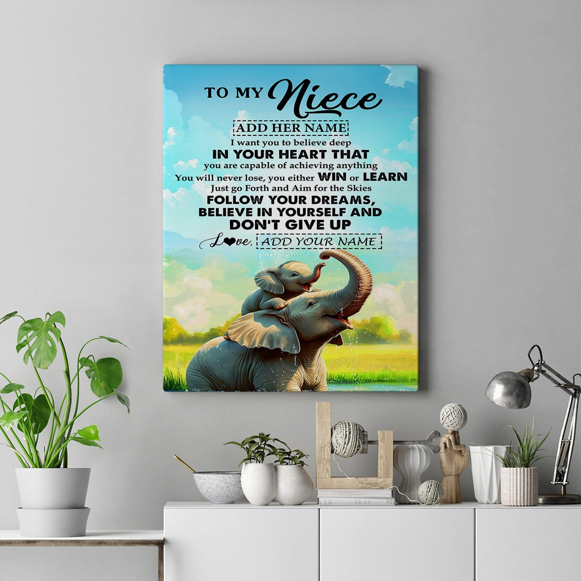 Personalized To My Niece Gifts From Aunt Uncle Canvas Don't Give Up Elephant Gifts For Niece Birthday Gifts Graduation Christmas Custom Wall Art Framed Canvas | siriusteestore
