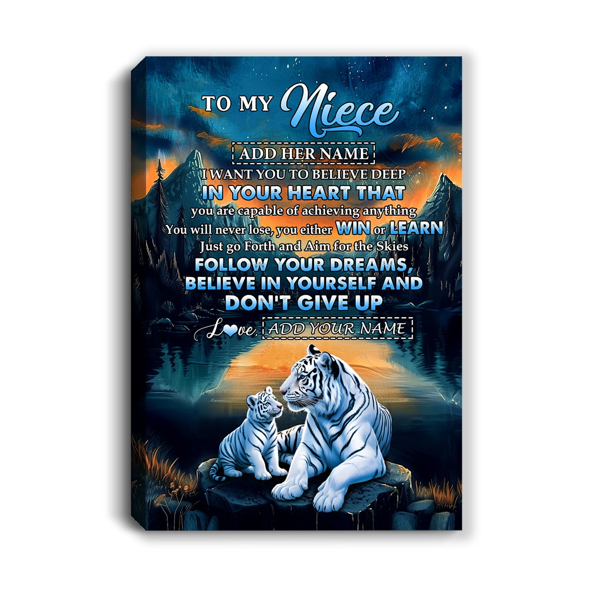 Personalized To My Niece Gifts From Aunt Uncle Canvas Don't Give Up White Tiger Gifts For Niece Birthday Graduation Christmas Custom Wall Art Framed Canvas | siriusteestore