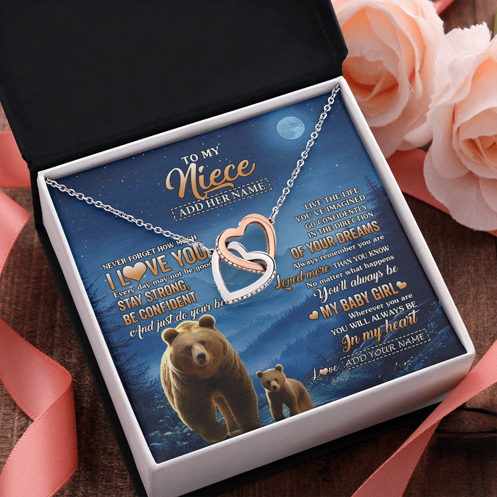 Interlocking Hearts Necklace Stainless Steel & Rose Gold Finish | 2 | Personalized To My Niece Gifts From Aunt Uncle Necklace Bear Never Forget How Much I Love You Niece Birthday Gifts Graduation Christmas Gift Box Message Card | siriusteestore.myshopify