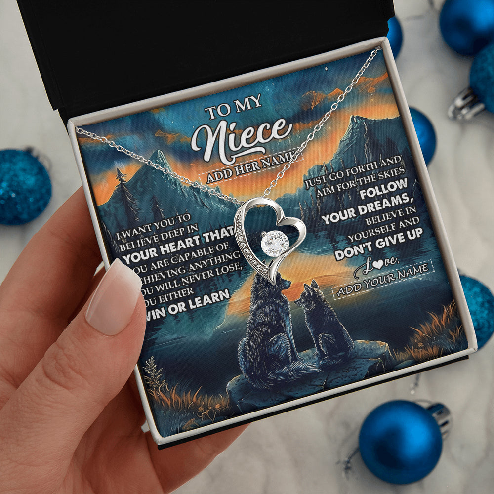 Forever Love Necklace 14K White Gold Finish | 2 | Personalized To My Niece Gifts From Aunt Uncle Necklace Don't Give Up Wolf Gifts For Niece Birthday Graduation Christmas Customized Gift Box Message Card | siriusteestore