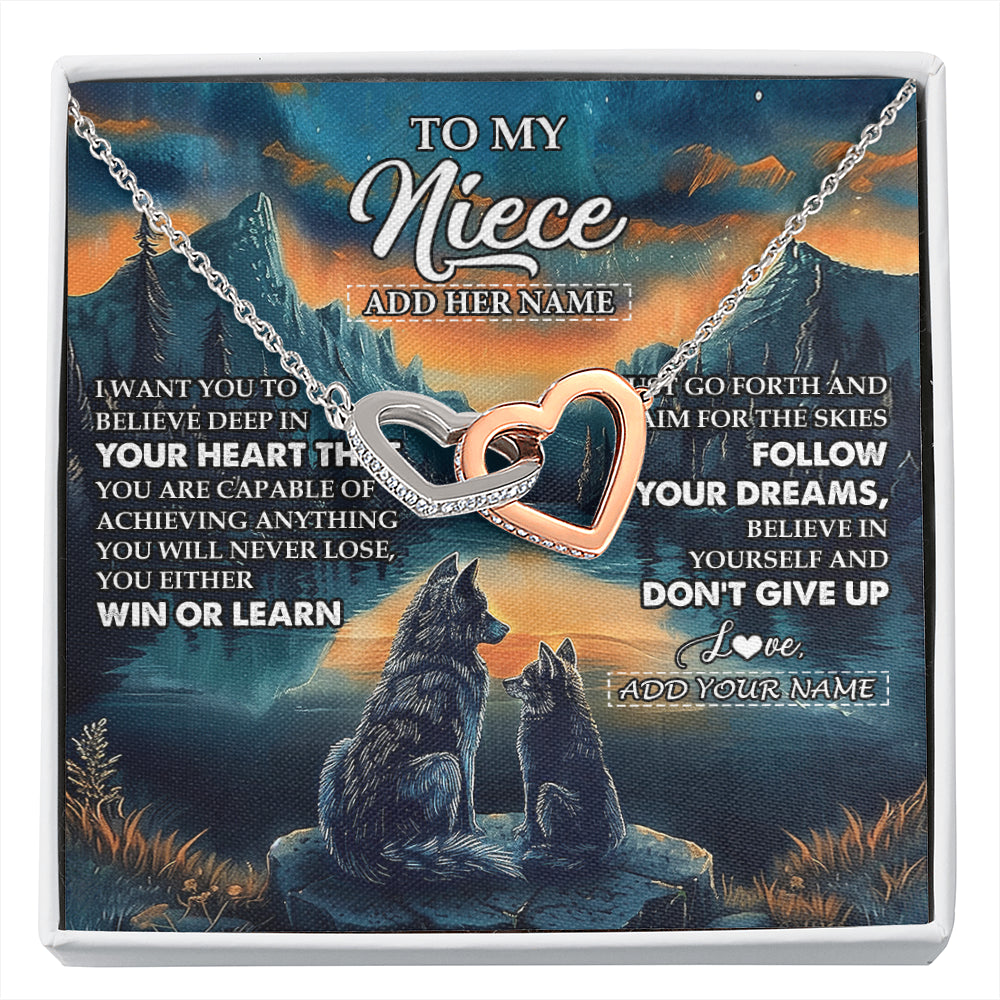 Interlocking Hearts Necklace Stainless Steel & Rose Gold Finish | 1 | Personalized To My Niece Gifts From Aunt Uncle Necklace Don't Give Up Wolf Gifts For Niece Birthday Graduation Christmas Customized Gift Box Message Card | siriusteestore