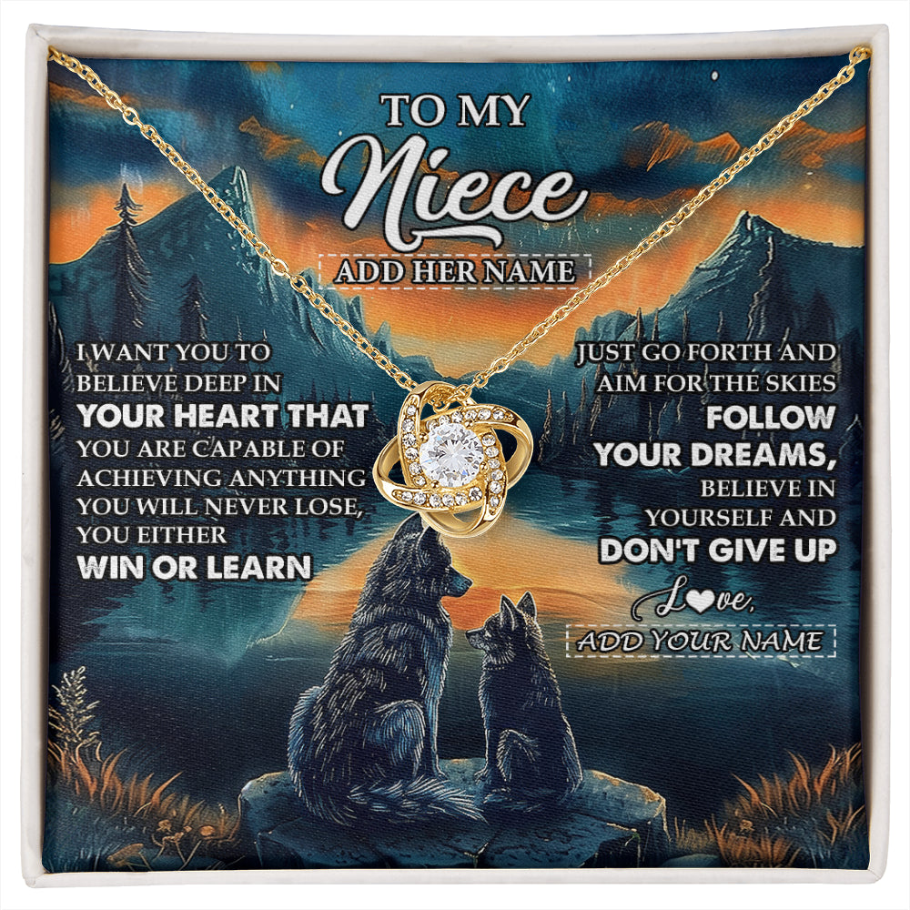 Love Knot Necklace 18K Yellow Gold Finish | 1 | Personalized To My Niece Gifts From Aunt Uncle Necklace Don't Give Up Wolf Gifts For Niece Birthday Graduation Christmas Customized Gift Box Message Card | siriusteestore