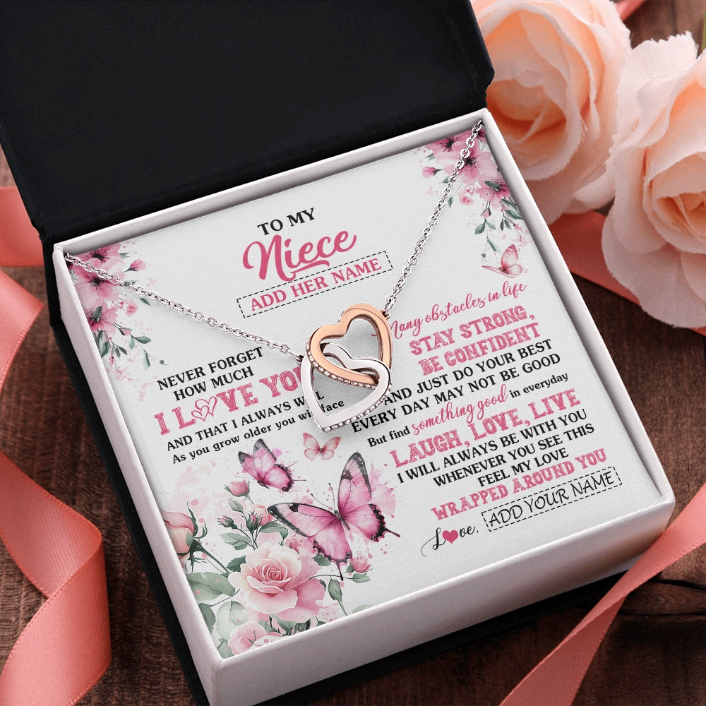 Interlocking Hearts Necklace Stainless Steel & Rose Gold Finish | 2 | Personalized To My Niece Gifts From Aunt Uncle Necklace I Love You Butterfly Birthday Gifts For Niece Graduation Christmas Custom Gift Box Message Card | https://siriusteestore.