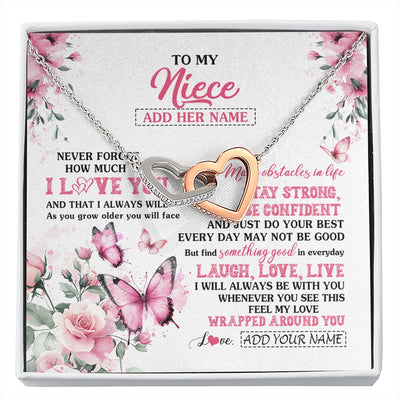 Interlocking Hearts Necklace Stainless Steel & Rose Gold Finish | 1 | Personalized To My Niece Gifts From Aunt Uncle Necklace I Love You Butterfly Birthday Gifts For Niece Graduation Christmas Custom Gift Box Message Card | https://siriusteestore.