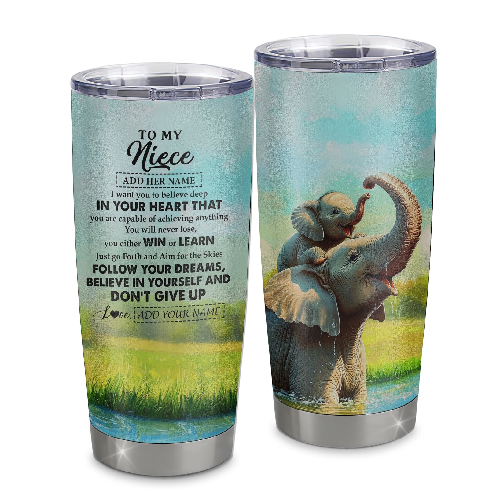 Personalized To My Niece Gifts From Aunt Uncle Tumbler Don't Give Up Elephant Gifts For Niece Birthday Graduation Christmas Custom Stainless Steel Travel Mug | siriusteestore