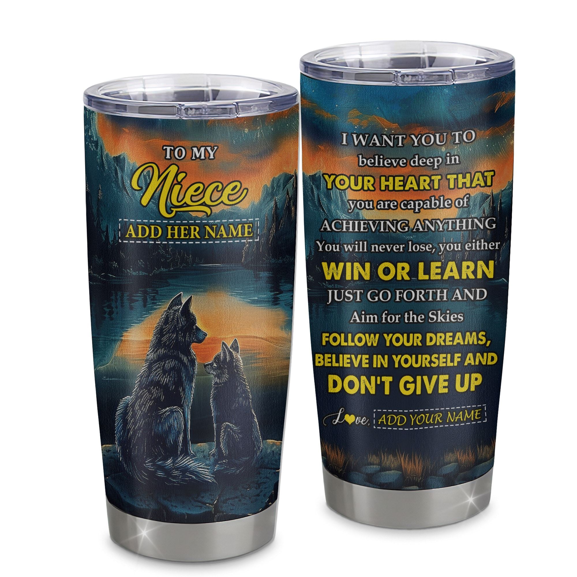 Personalized To My Niece Gifts From Aunt Uncle Tumbler Don't Give Up Wolf Gifts For Niece Birthday Graduation Christmas Custom Stainless Steel Cup Travel Mug | siriusteestore