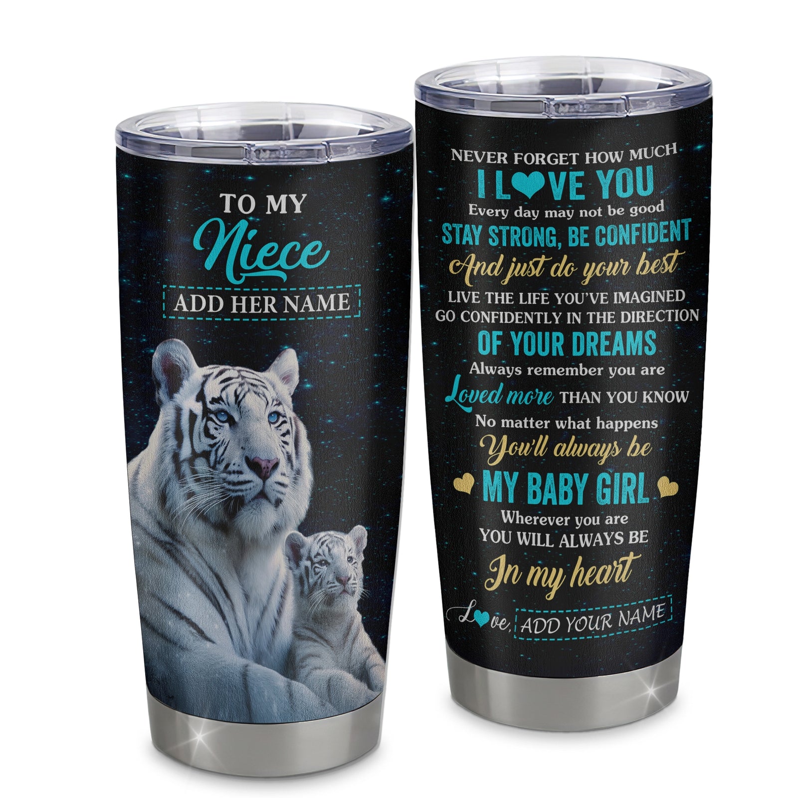 Personalized To My Niece Gifts From Aunt Uncle Tumbler White Tiger Never Forget How Much I Love You Niece Birthday Christmas Customized Custom Stainless Steel Mug | siriusteestore
