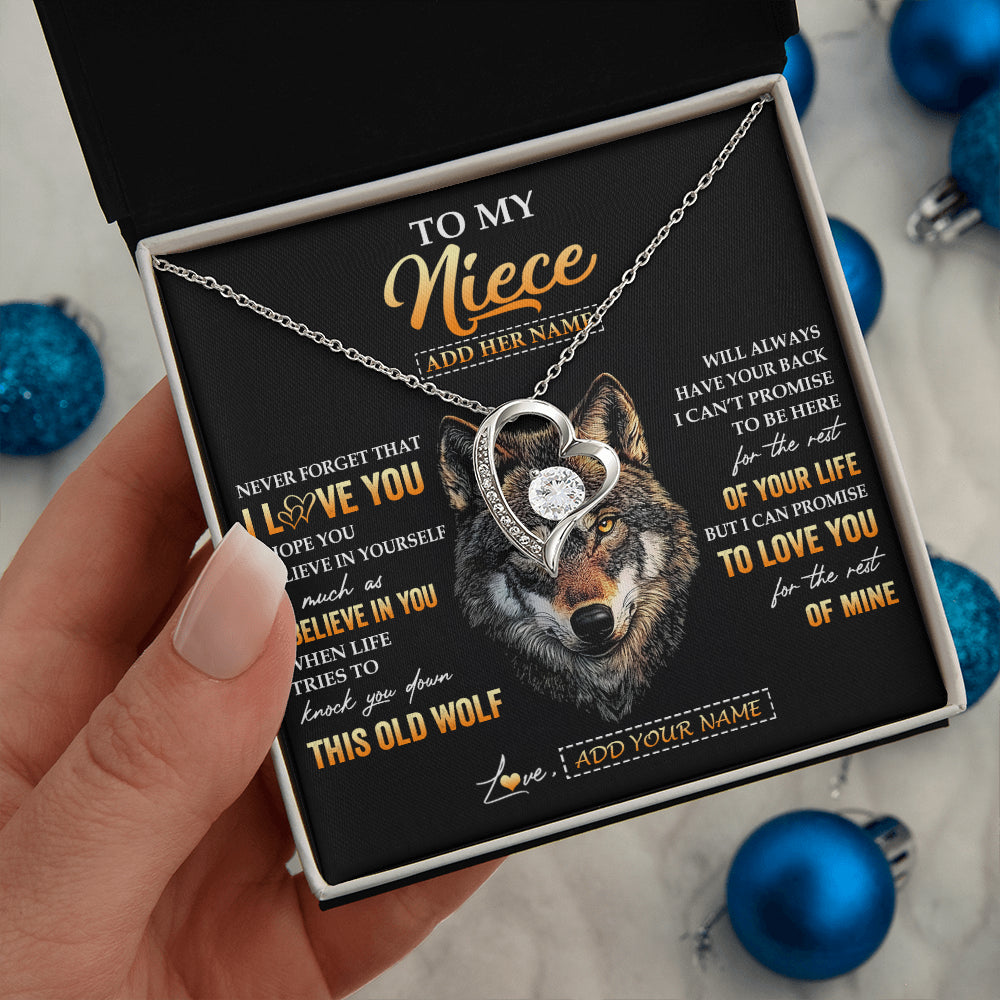 Forever Love Necklace 14K White Gold Finish | 2 | Personalized To My Niece Gifts From Uncle Aunt Auntie Necklace Old Wolf Love You Niece Birthday Gifts Graduation Christmas Customized Gift Box Message Card | siriusteestore