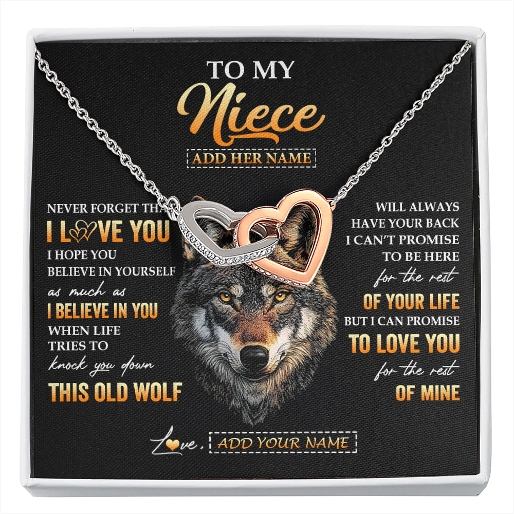 Interlocking Hearts Necklace Stainless Steel & Rose Gold Finish | 1 | Personalized To My Niece Gifts From Uncle Aunt Auntie Necklace Old Wolf Love You Niece Birthday Gifts Graduation Christmas Customized Gift Box Message Card | siriusteestore